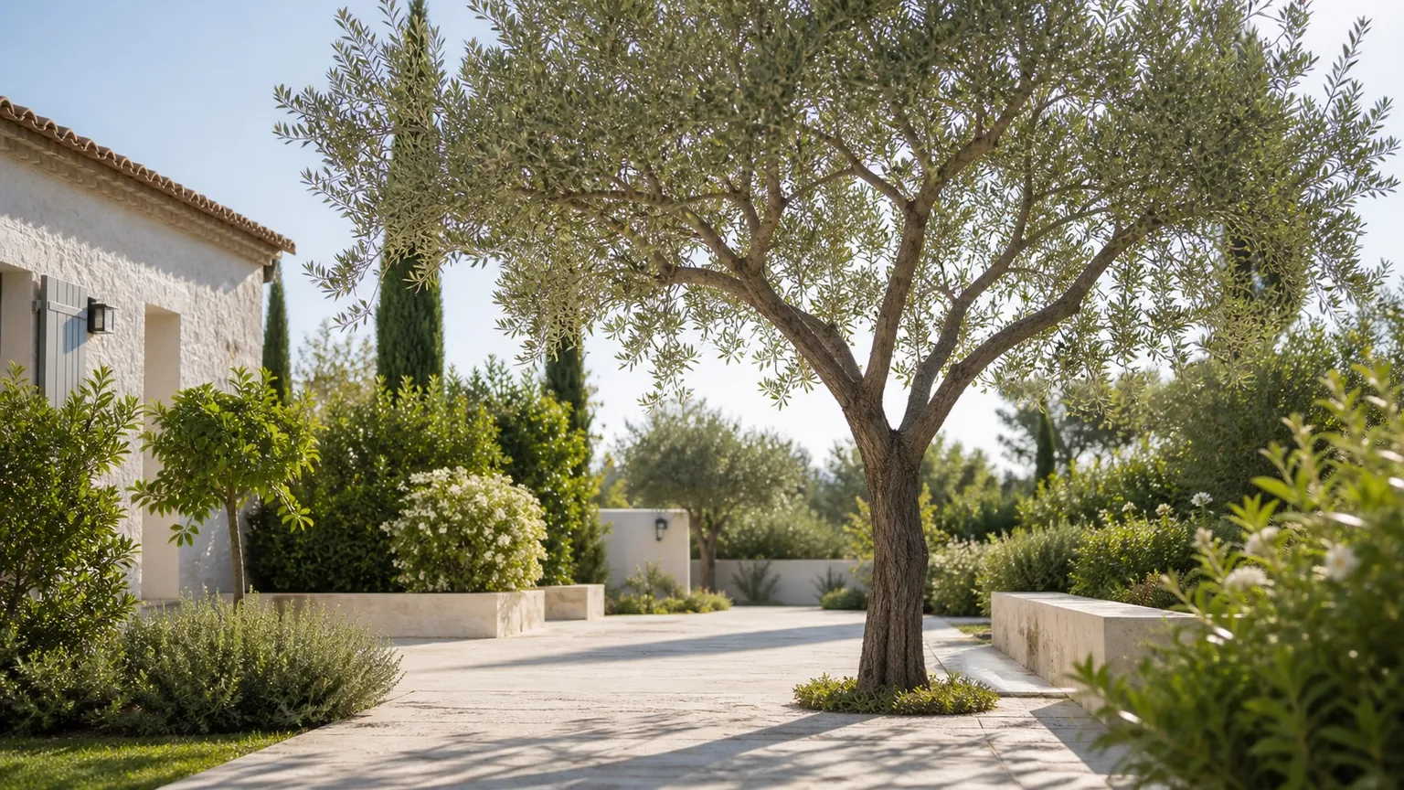 Jardin méditerranéen après élagage, avec passage dégagé et arbre équilibré
