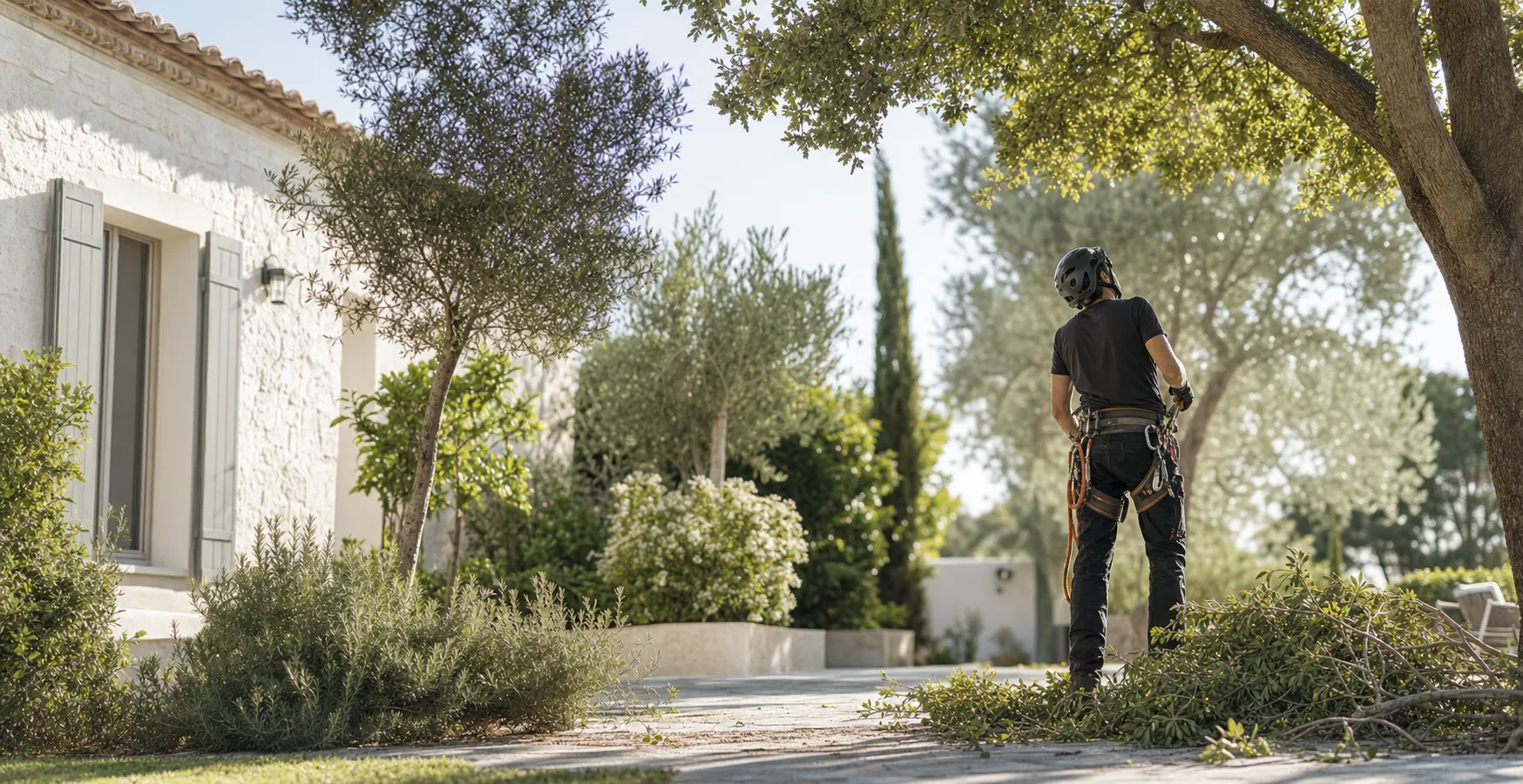 Élagueur préparant une intervention dans un jardin méditerranéen