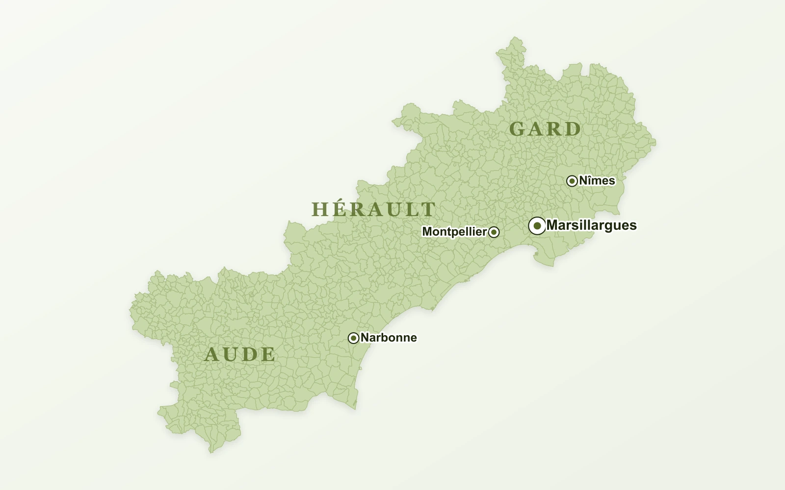 Carte de la zone d’intervention de Gargowitch Élagueur dans l’Hérault, le Gard et l’Aude, avec Marsillargues, Montpellier, Nîmes et Narbonne comme repères.